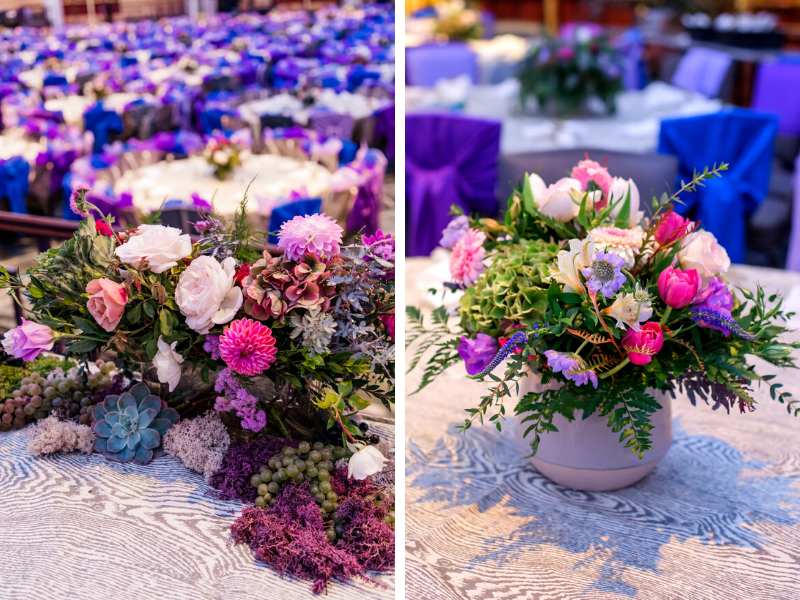 Flower and foliage arrangements on tables